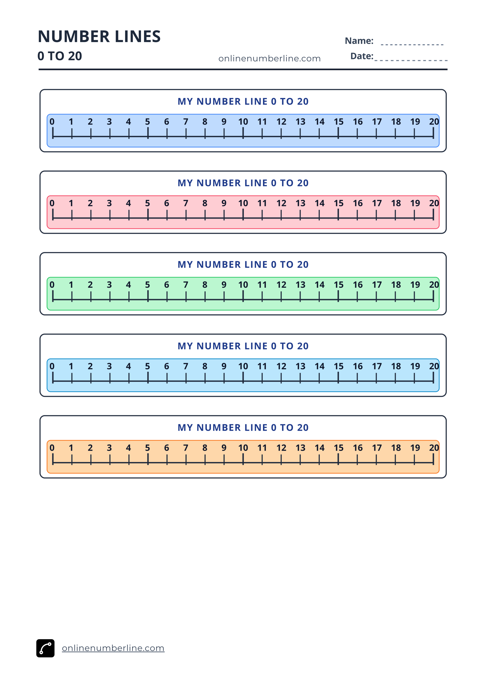 Free Printable Number Line 0 to 20 PDF (Portrait) - Student Printable Number Line 0 to 20 - Numbers Above Line (Colourful)