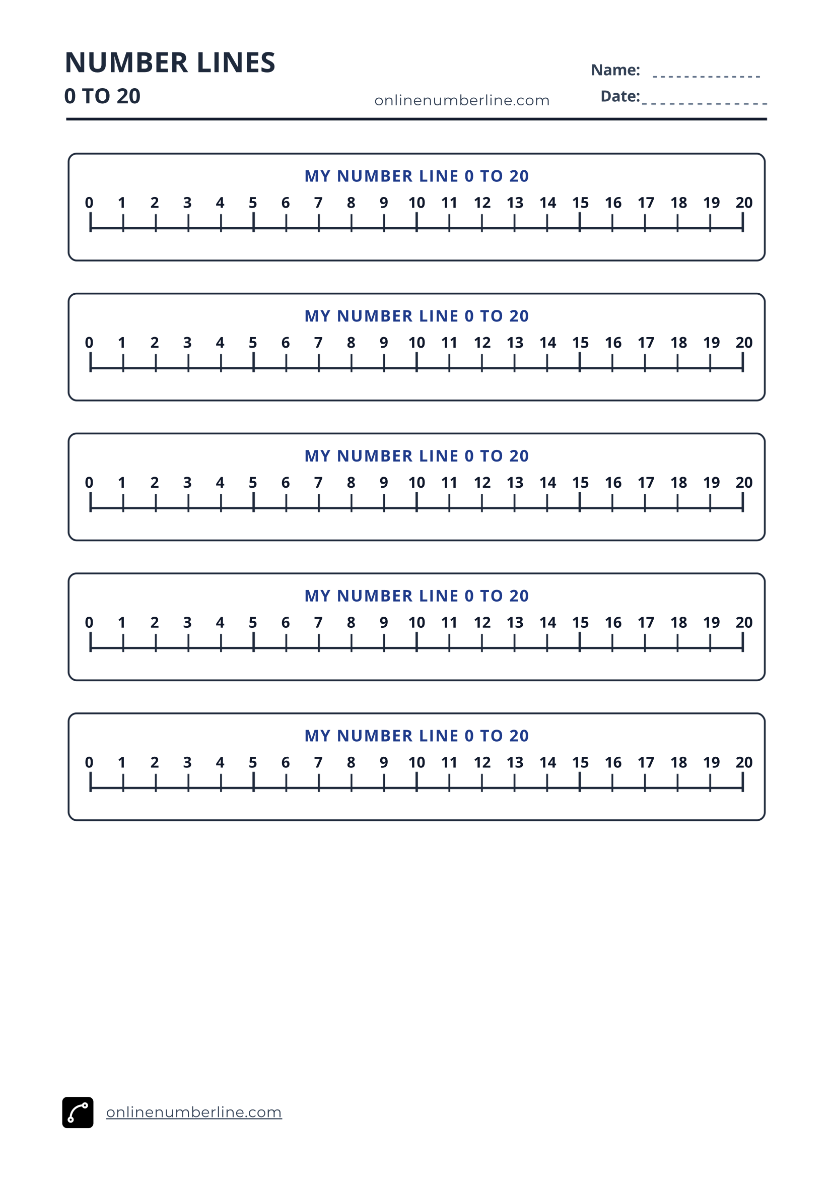 Free Printable Number Line 0 to 20 PDF (Portrait) - Student Printable Number Line 0 to 20 - Numbers Above Line (Black & White)