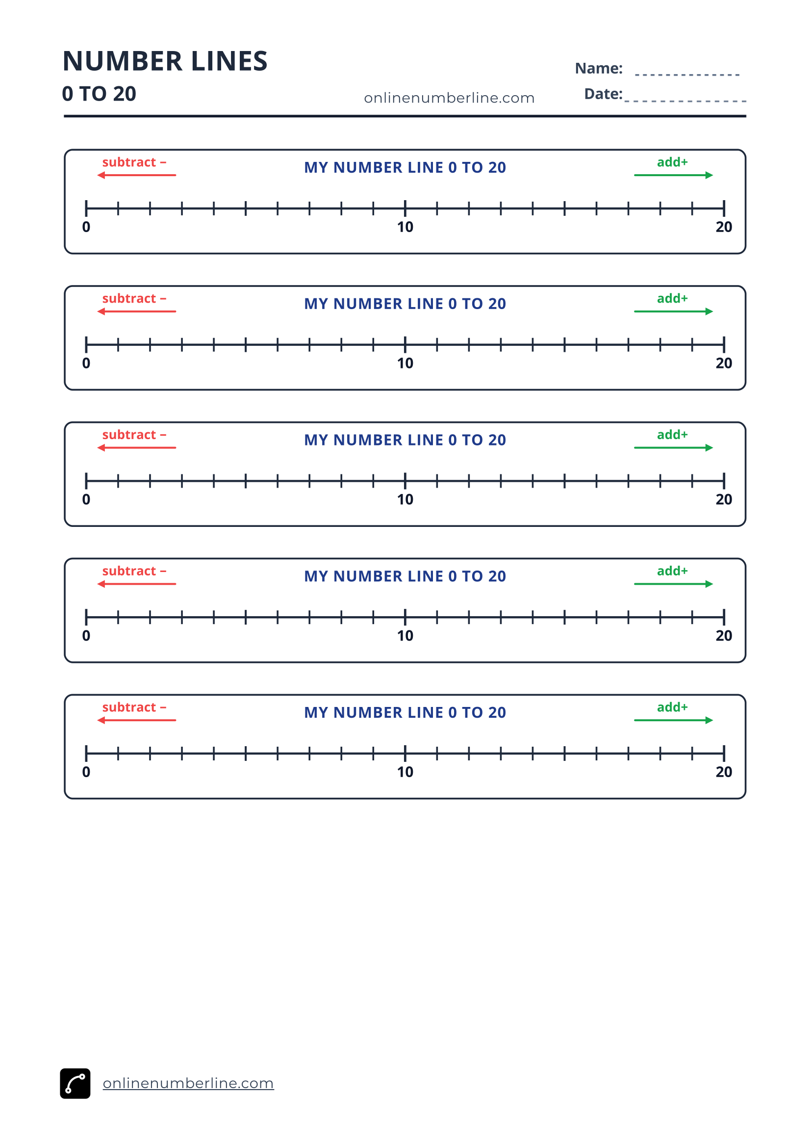 Free Printable Number Line 0 to 20 PDF (Portrait) - Addition & Subtraction Student Number Line 0 to 20 (Fill-in Worksheet)