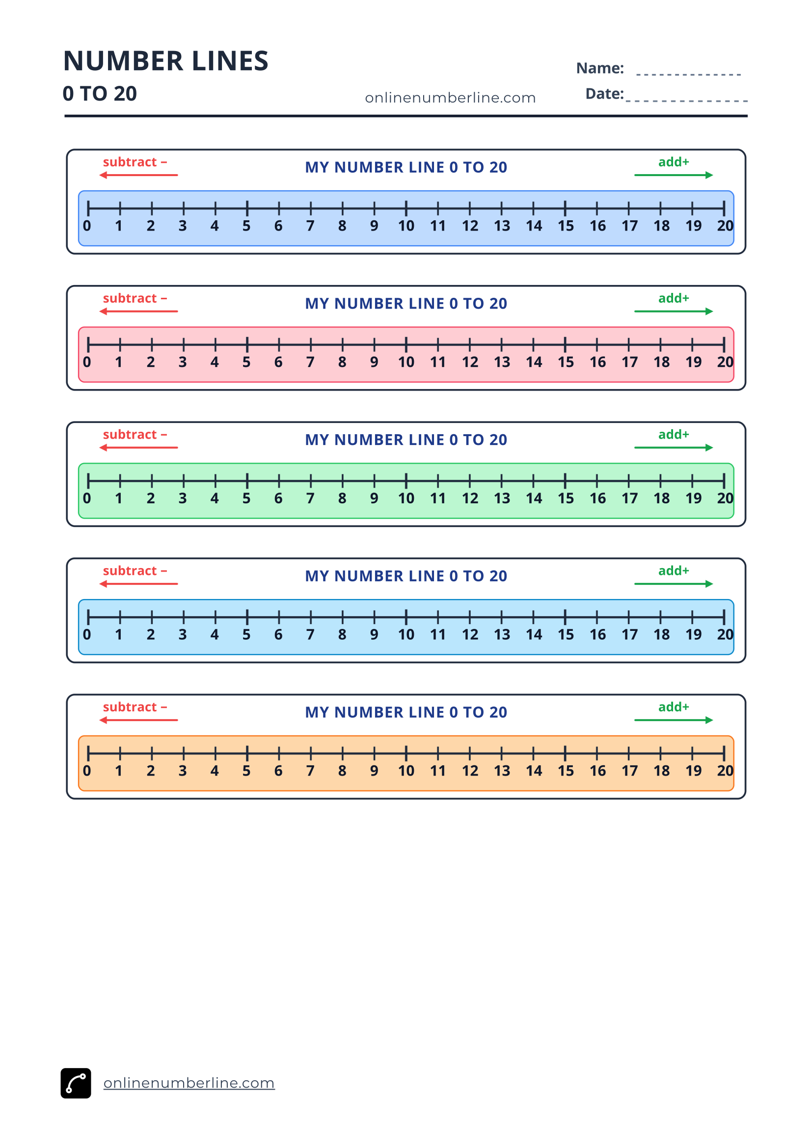 Free Printable Number Line 0 to 20 PDF (Portrait) - Addition & Subtraction Student Number Line 0 to 20 (Colourful)