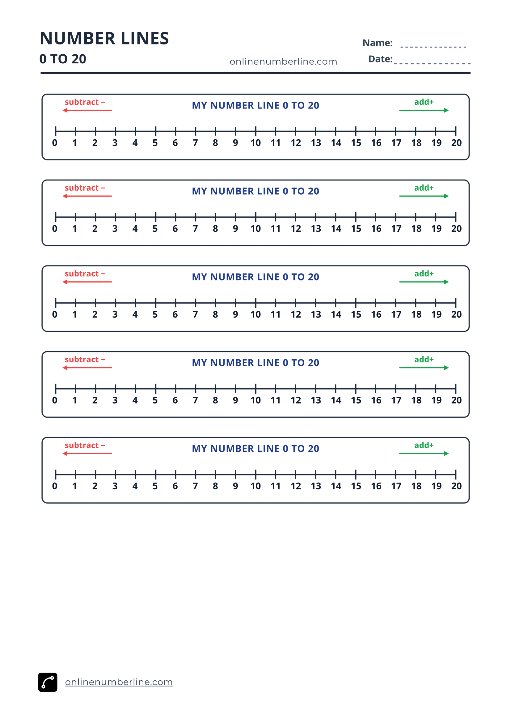 Free Printable Number Line 0 to 20 PDF (Portrait) - Addition & Subtraction Student Number Line 0 to 20 (Fill-in Worksheet)