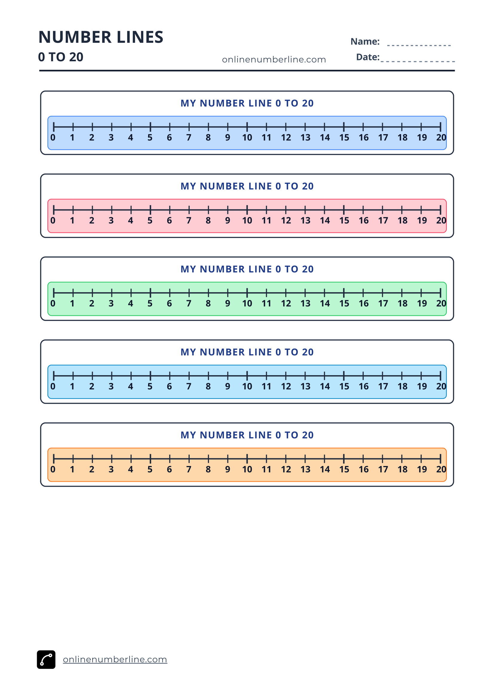 Free Printable Number Line 0 to 20 PDF (Portrait) - Student Printable Number Line 0 to 20 - Numbers Under Line (Colourful)