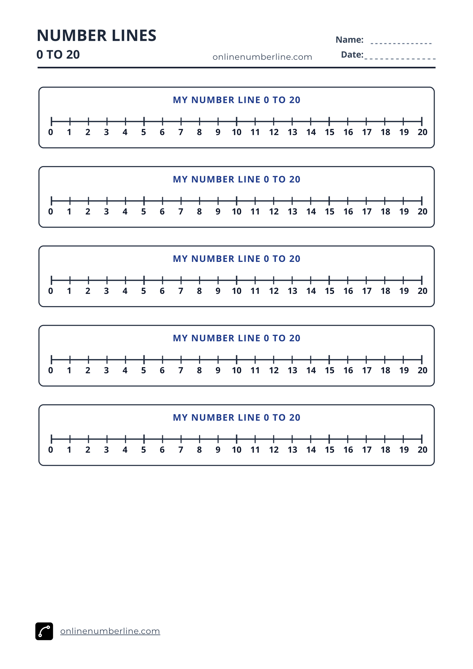 Free Printable Number Line 0 to 20 PDF (Portrait) - Student Printable Number Line 0 to 20 - Numbers Under Line (Black & White)