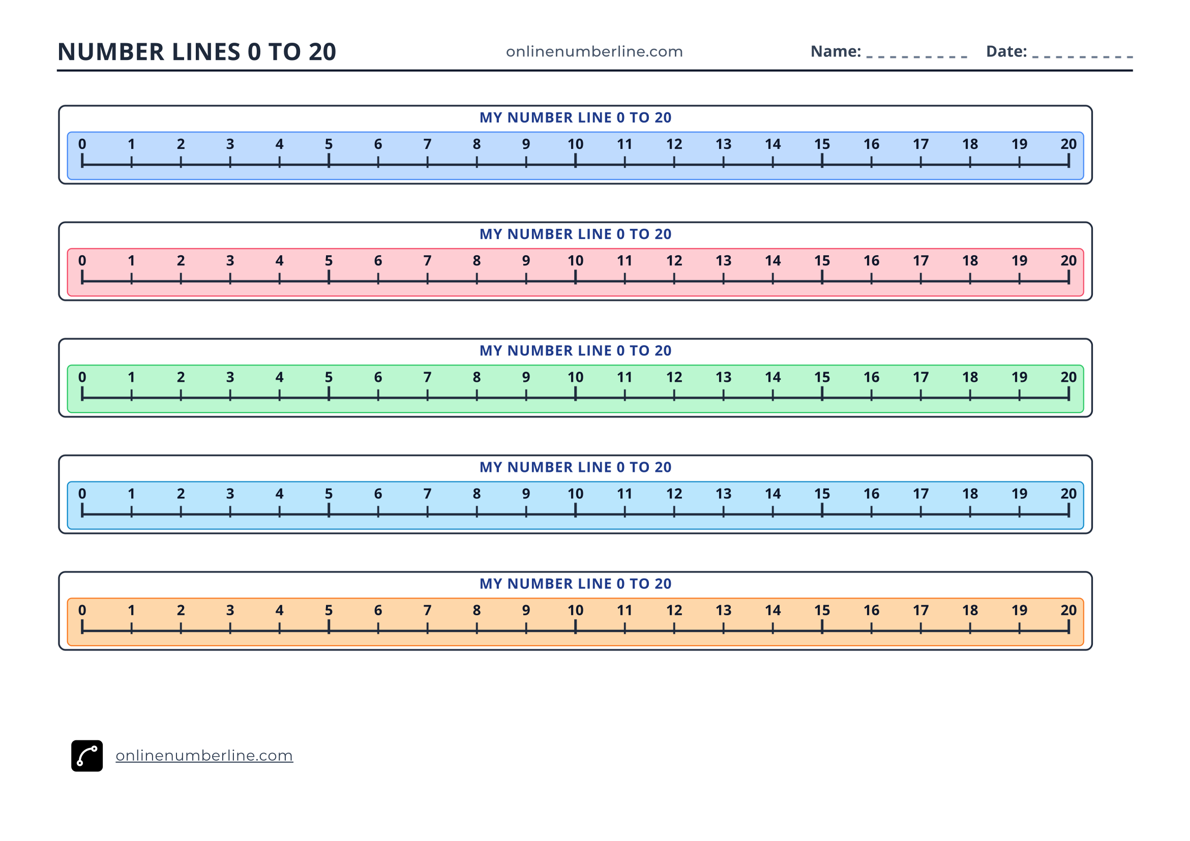 Free Printable Number Line 0 to 20 PDF (Landscape) - Student Printable Number Line 0 to 20 - Numbers Above Line (Colourful)