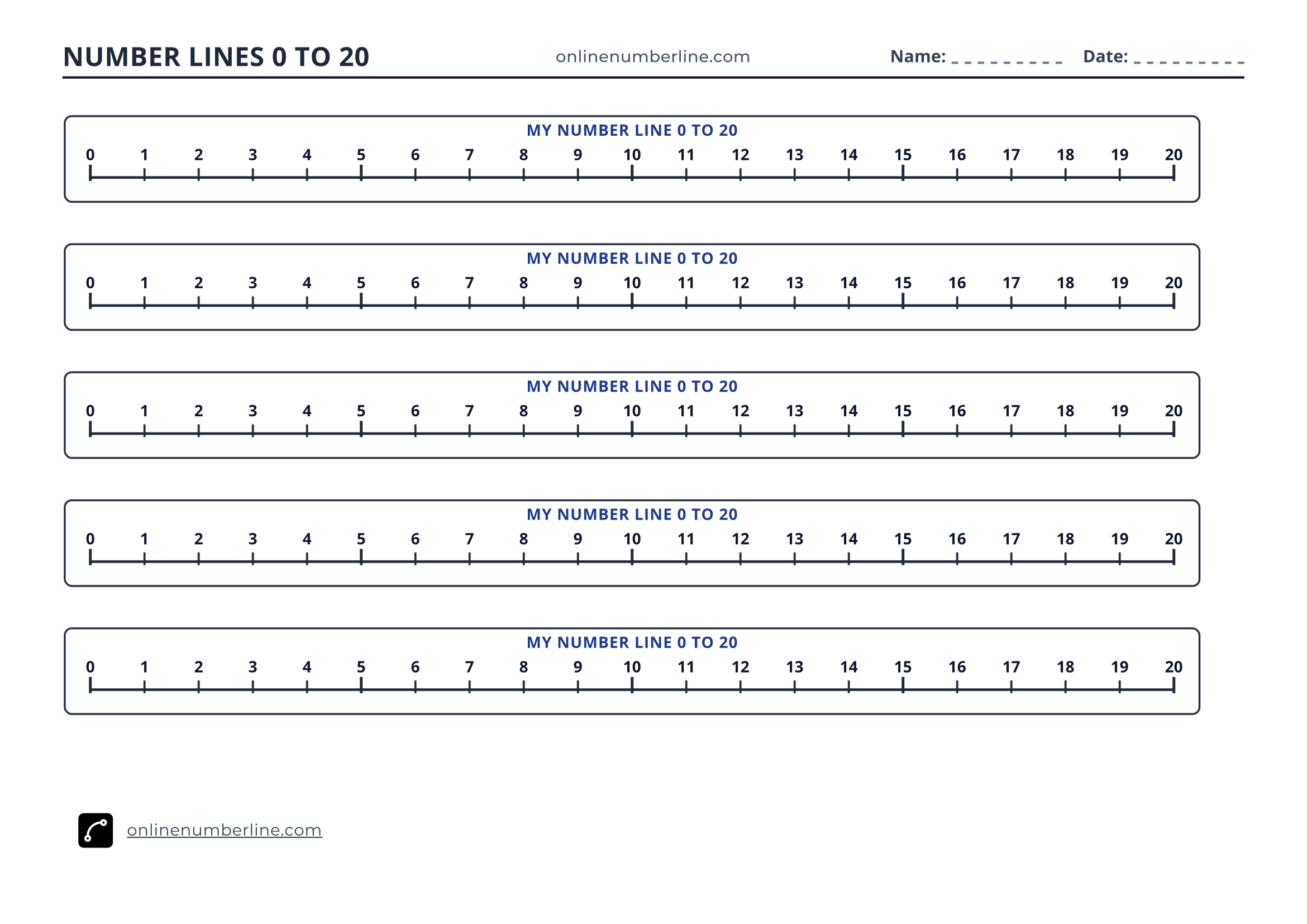 Free Printable Number Line 0 to 20 PDF (Landscape) - Student Printable Number Line 0 to 20 - Numbers Above Line (Black & White)