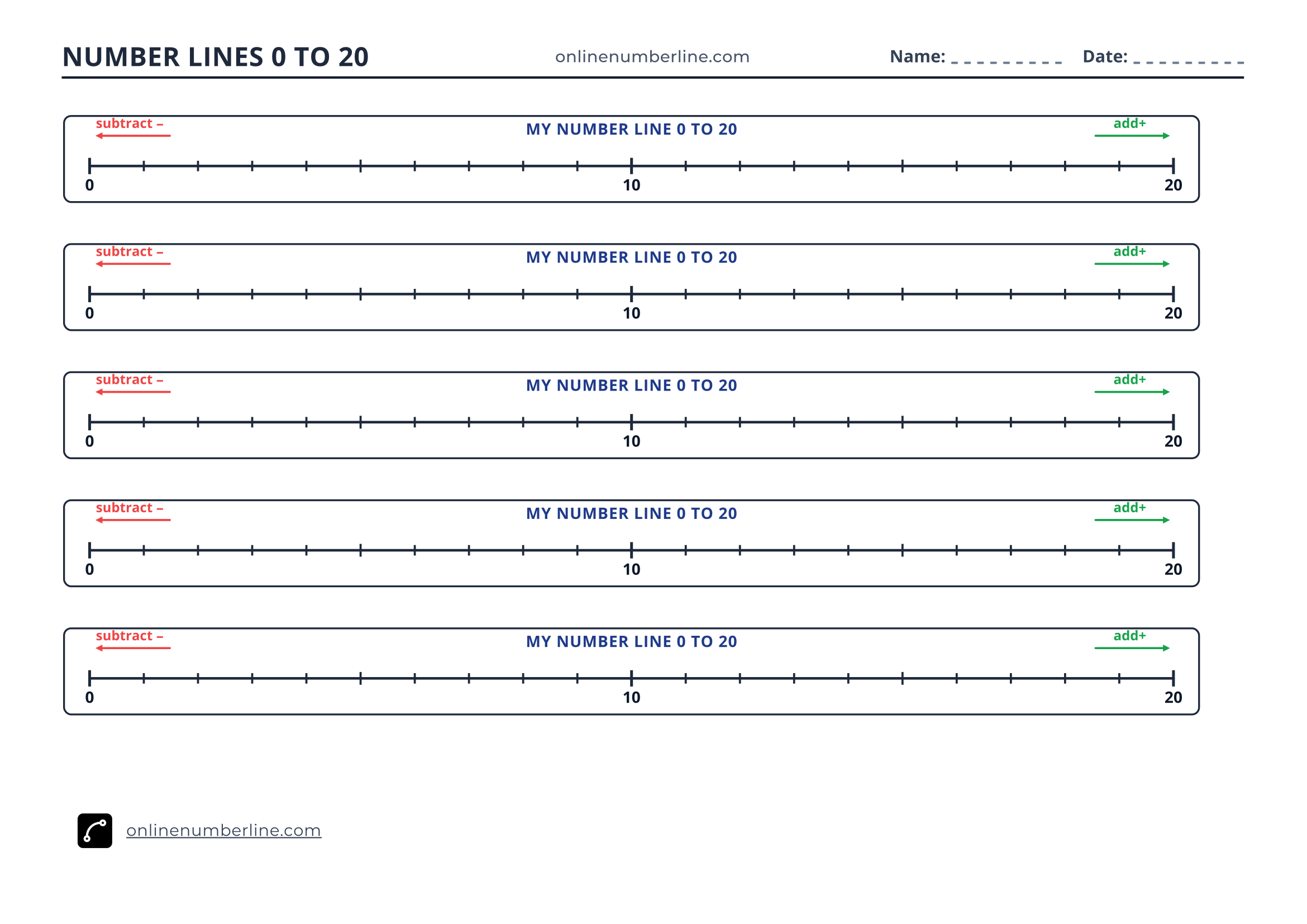 Free Printable Number Line 0 to 20 PDF (Landscape) - Addition & Subtraction Student Number Line 0 to 20 (Colourful)