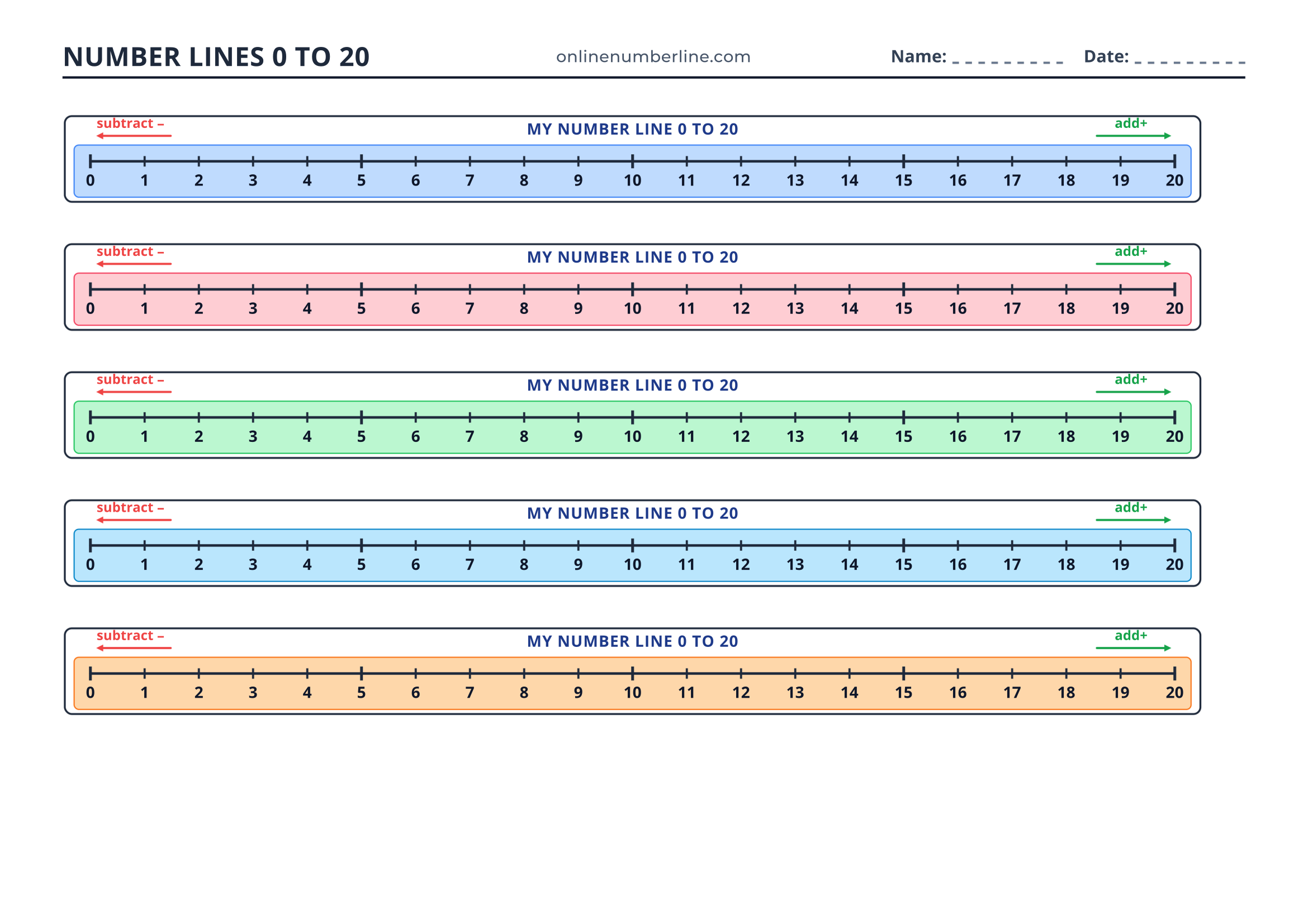 Free Printable Number Line 0 to 20 PDF (Landscape) - Addition & Subtraction Student Number Line 0 to 20 (Colourful)