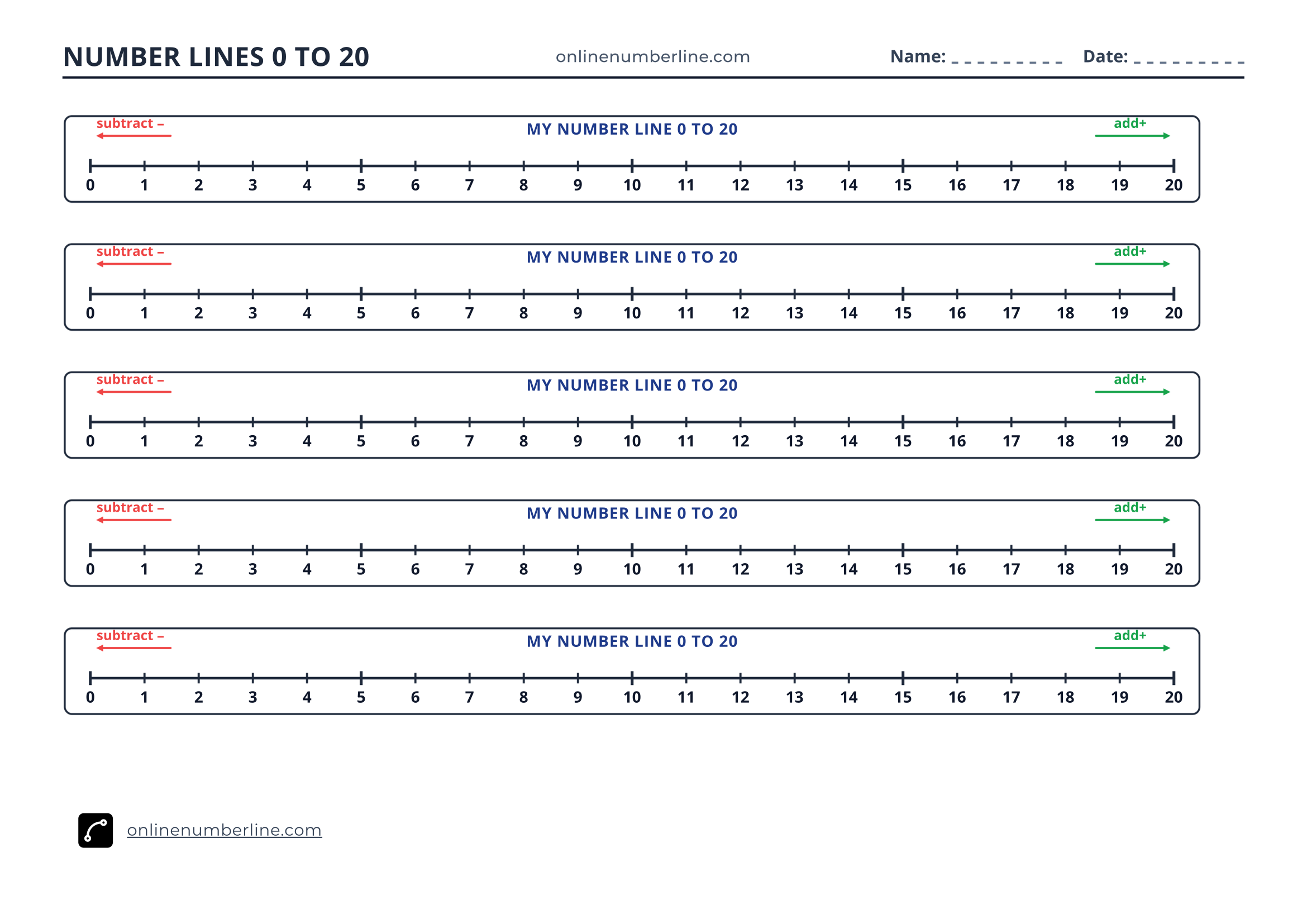 Free Printable Number Line 0 to 20 PDF (Landscape) - Addition & Subtraction Student Number Line 0 to 20 (Fill-in Worksheet)