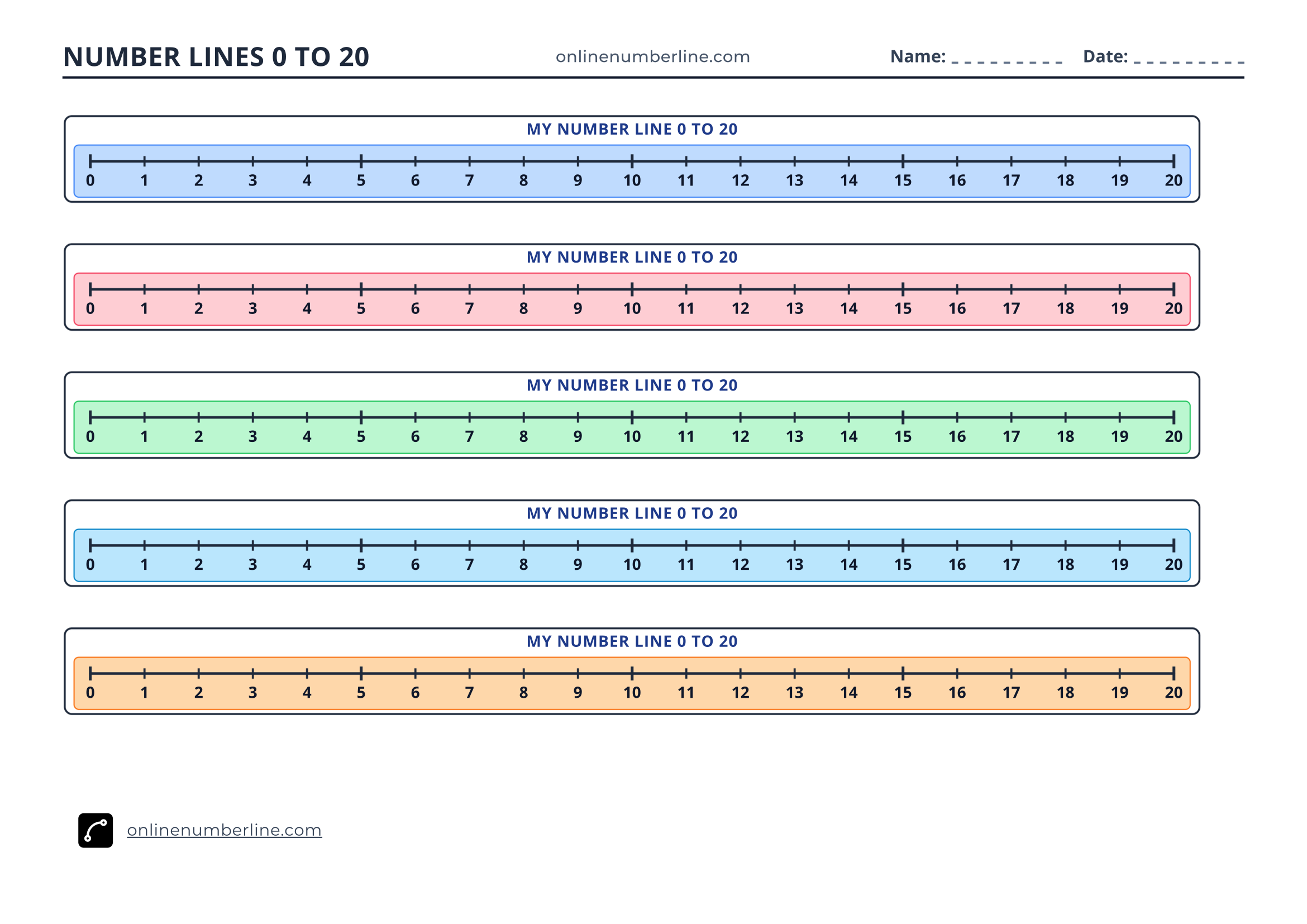 Free Printable Number Line 0 to 20 PDF (Landscape) - Student Printable Number Line 0 to 20 - Numbers Under Line (Colourful)