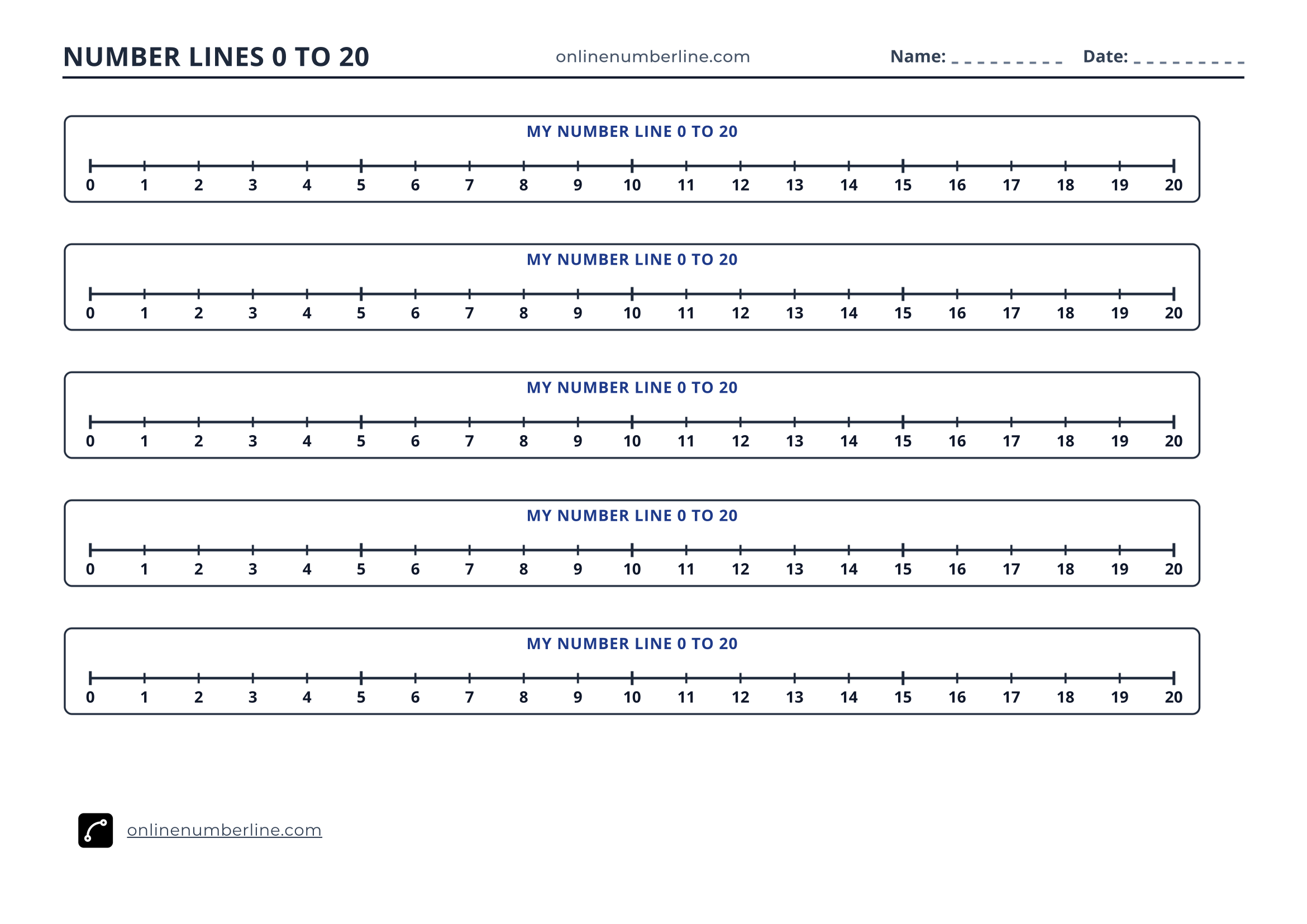 Free Printable Number Line 0 to 20 PDF (Landscape) - Student Printable Number Line 0 to 20 - Numbers Under Line (Black & White)