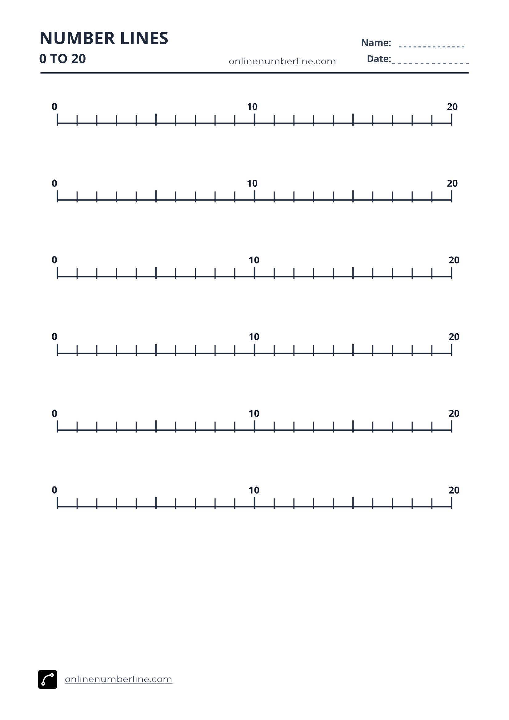 Free Printable Number Line 0 to 20 PDF (Portrait) - Double Number Line 0 to 10 and 10 to 20 (Numbers Above Line)