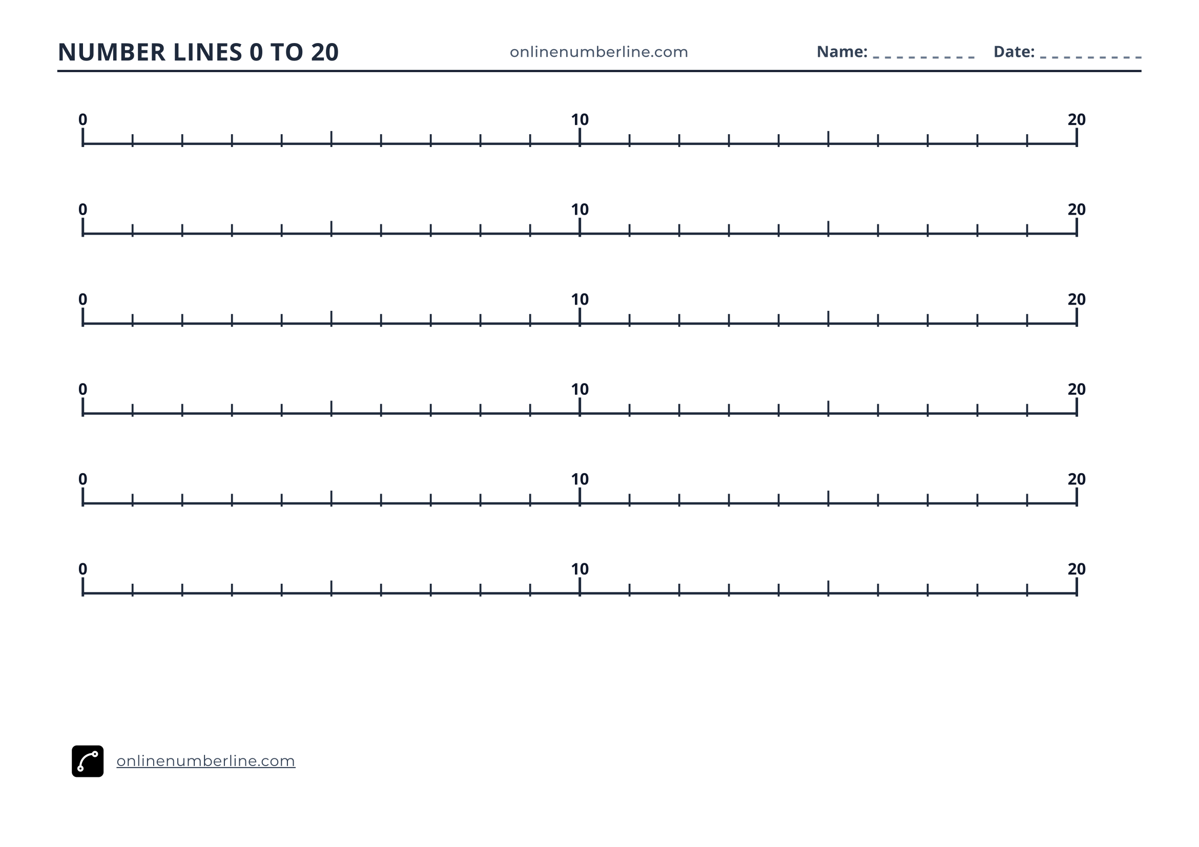 Free Printable Number Line 0 to 20 PDF (Landscape) - Double Number Line 0 to 10 and 10 to 20 (Numbers Above Line)