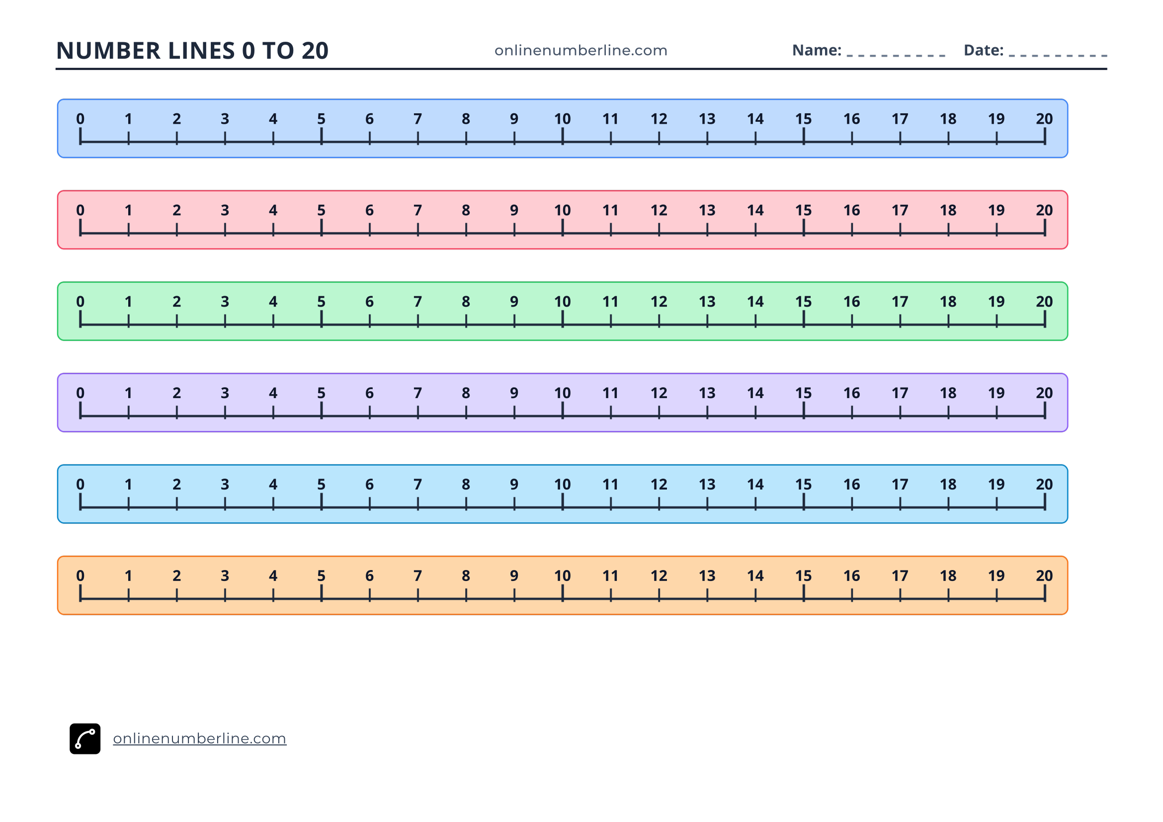 Free Printable Number Line 0 to 20 PDF (Landscape) - Printable Number Line 0 to 20 - Numbers Above Line (Colourful)
