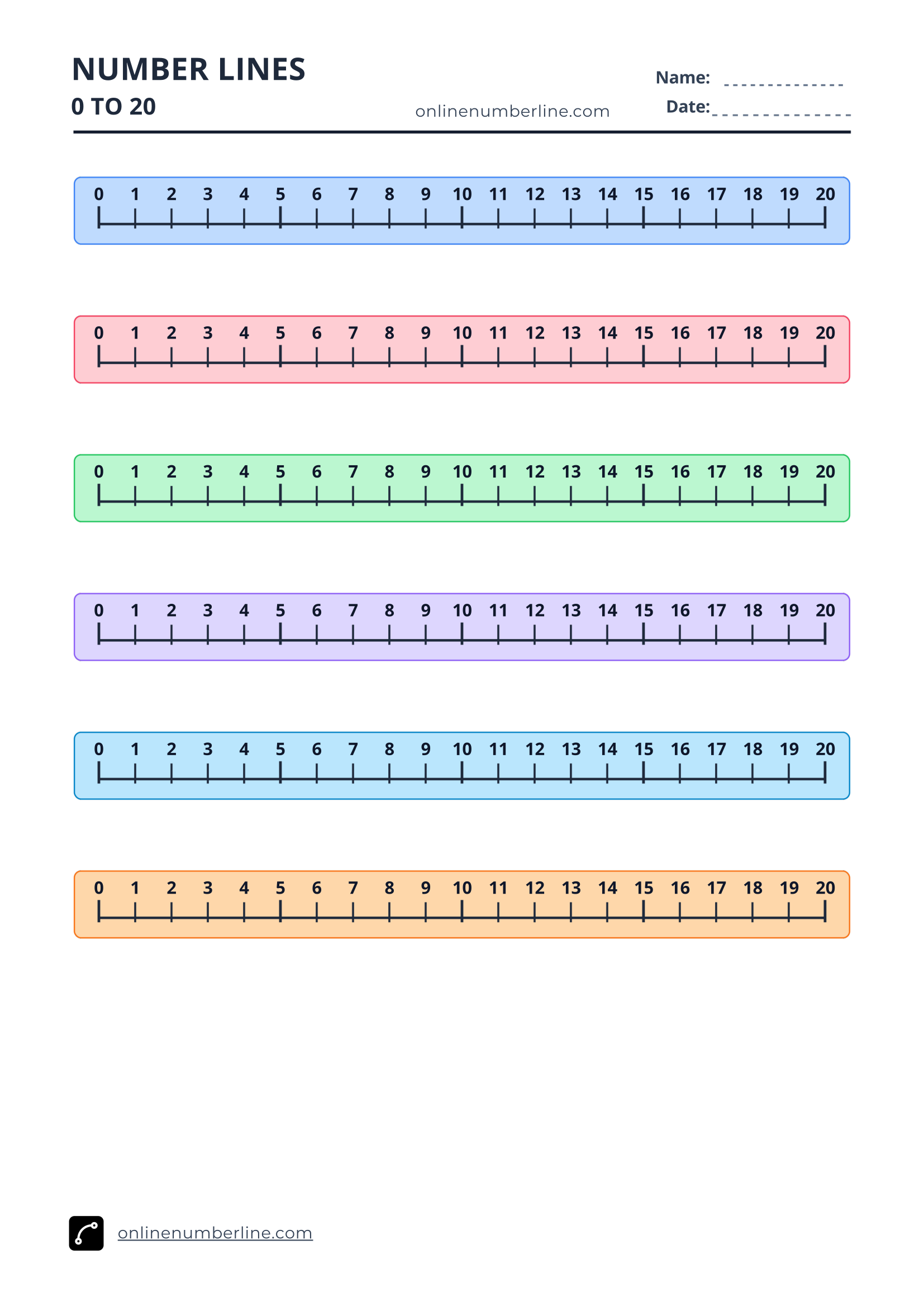 Free Printable Number Line 0 to 20 PDF (Portrait) - Printable Number Line 0 to 20 - Numbers Above Line (Colourful)