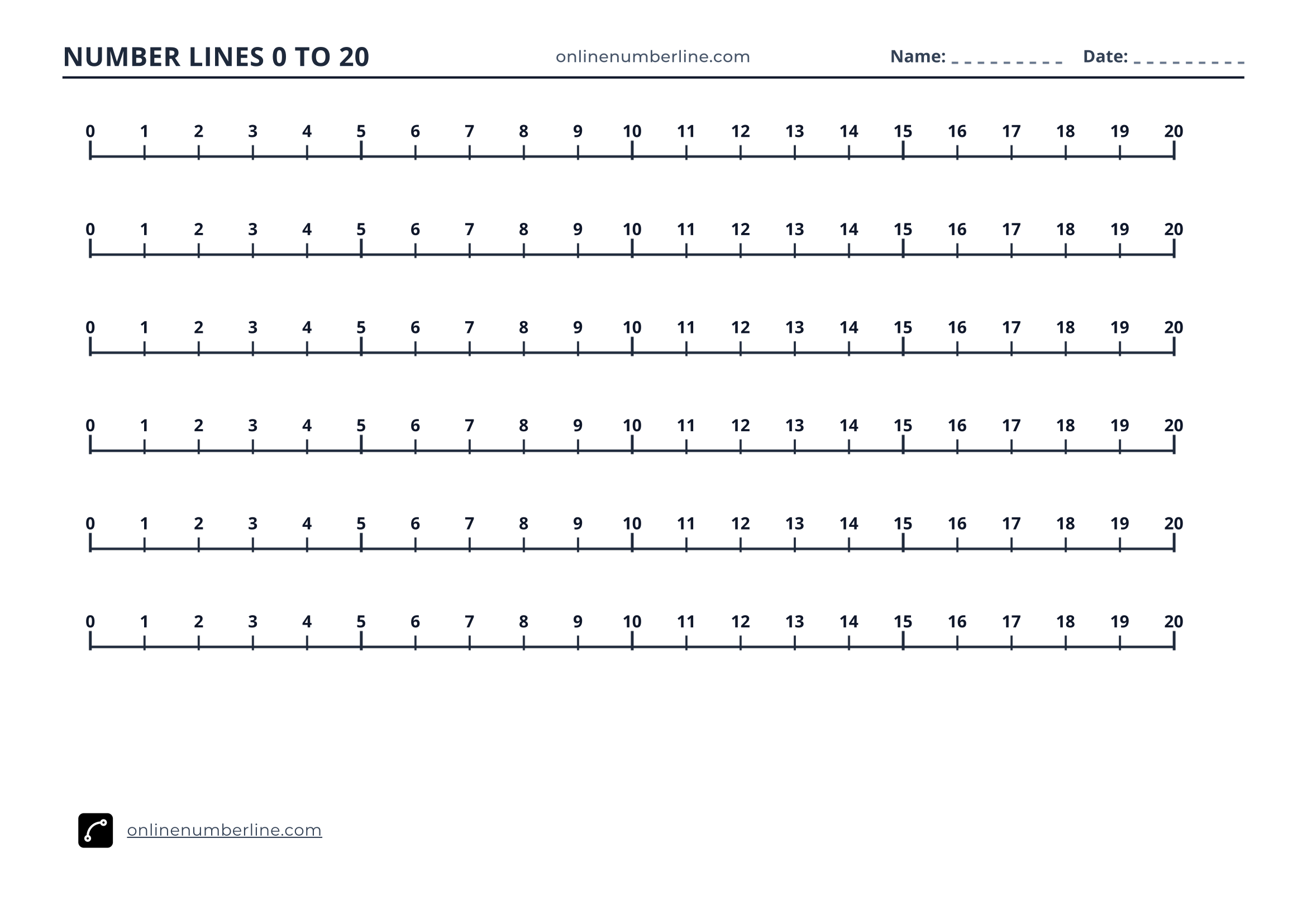 Free Printable Number Line 0 to 20 PDF (Landscape) - Printable Number Line 0 to 20 - Numbers Above Line (Black & White)