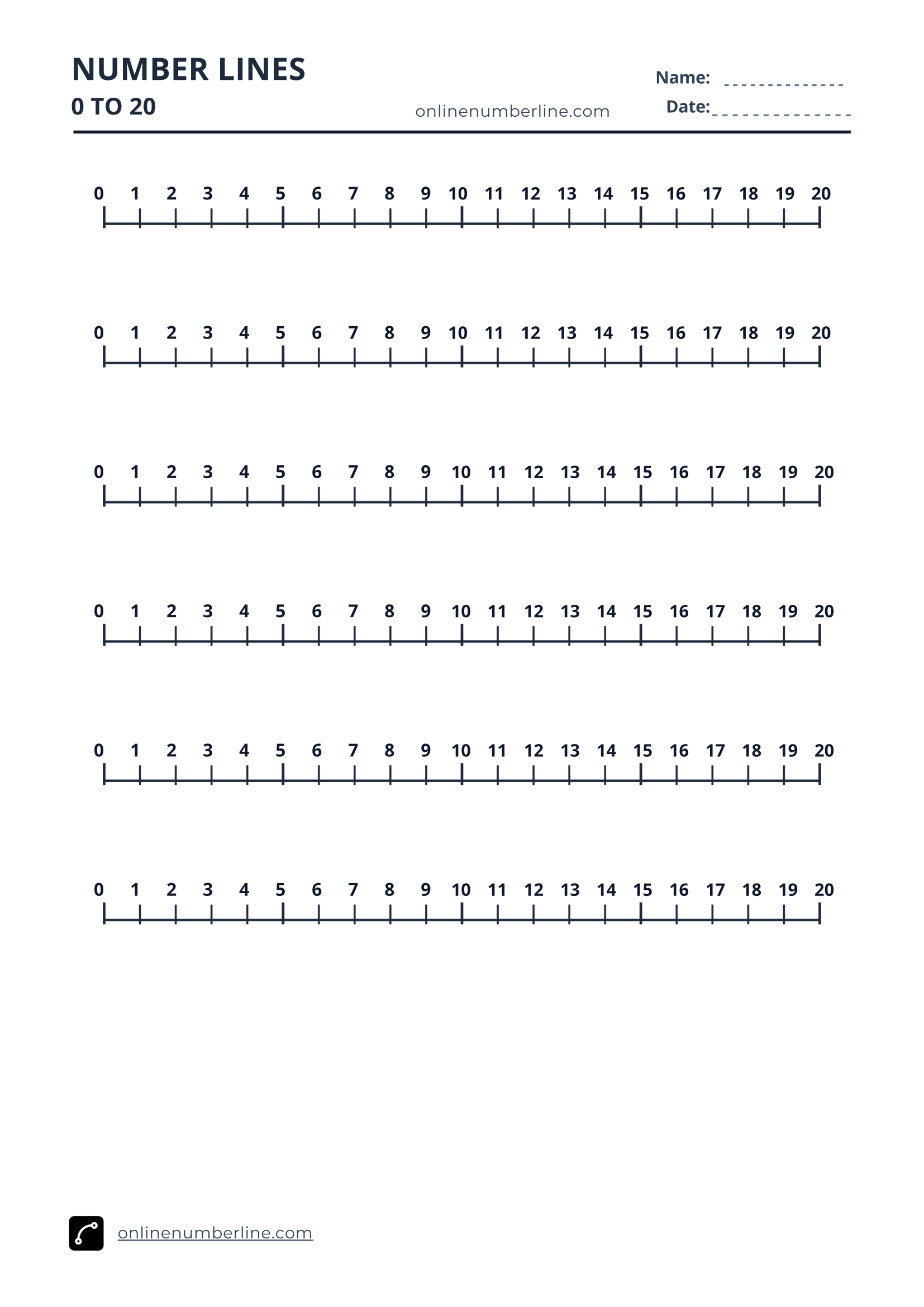 Free Printable Number Line 0 to 20 PDF (Portrait) - Printable Number Line 0 to 20 - Numbers Above Line (Black & White)