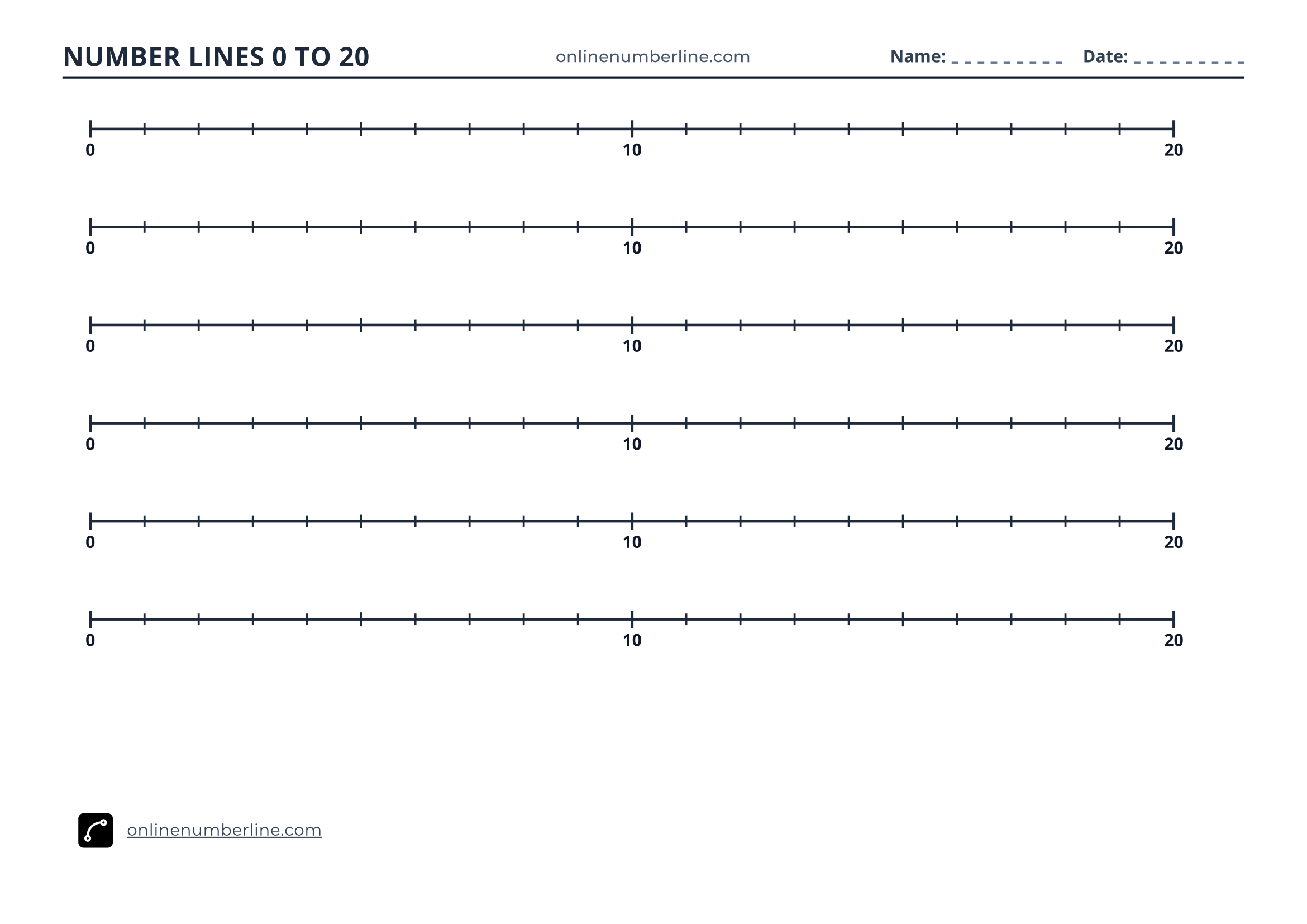 Free Printable Number Line 0 to 20 PDF (Landscape) - Double Number Line 0 to 10 and 10 to 20 (Numbers Under Line)