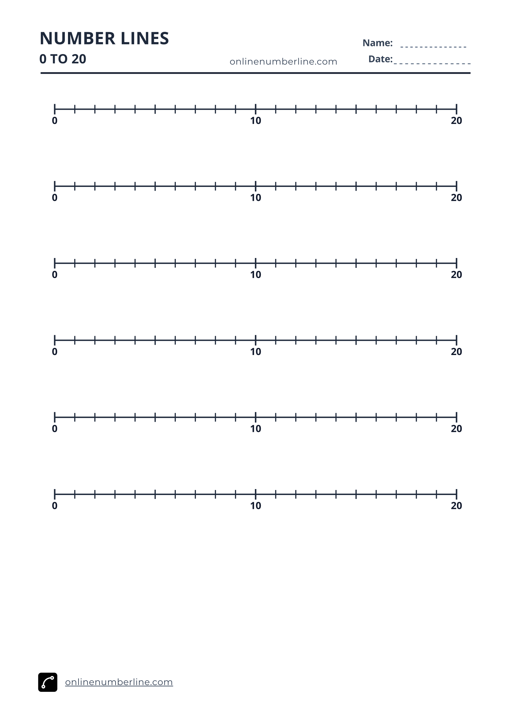 Free Printable Number Line 0 to 20 PDF (Portrait) - Double Number Line 0 to 10 and 10 to 20 (Numbers Under Line)