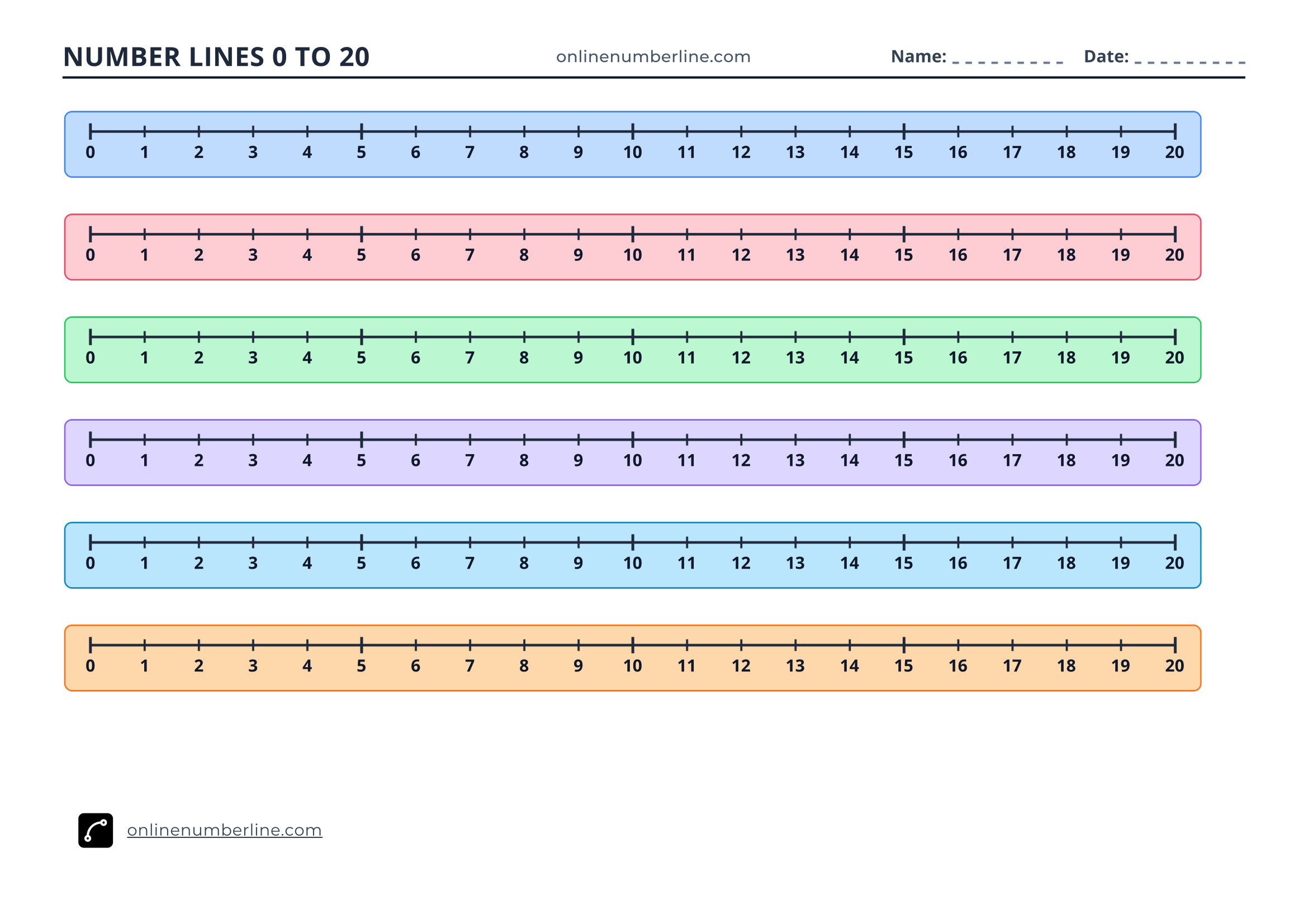 Free Printable Number Line 0 to 20 PDF (Landscape) - Printable Number Line 0 to 20 - Numbers Under Line (Colourful)