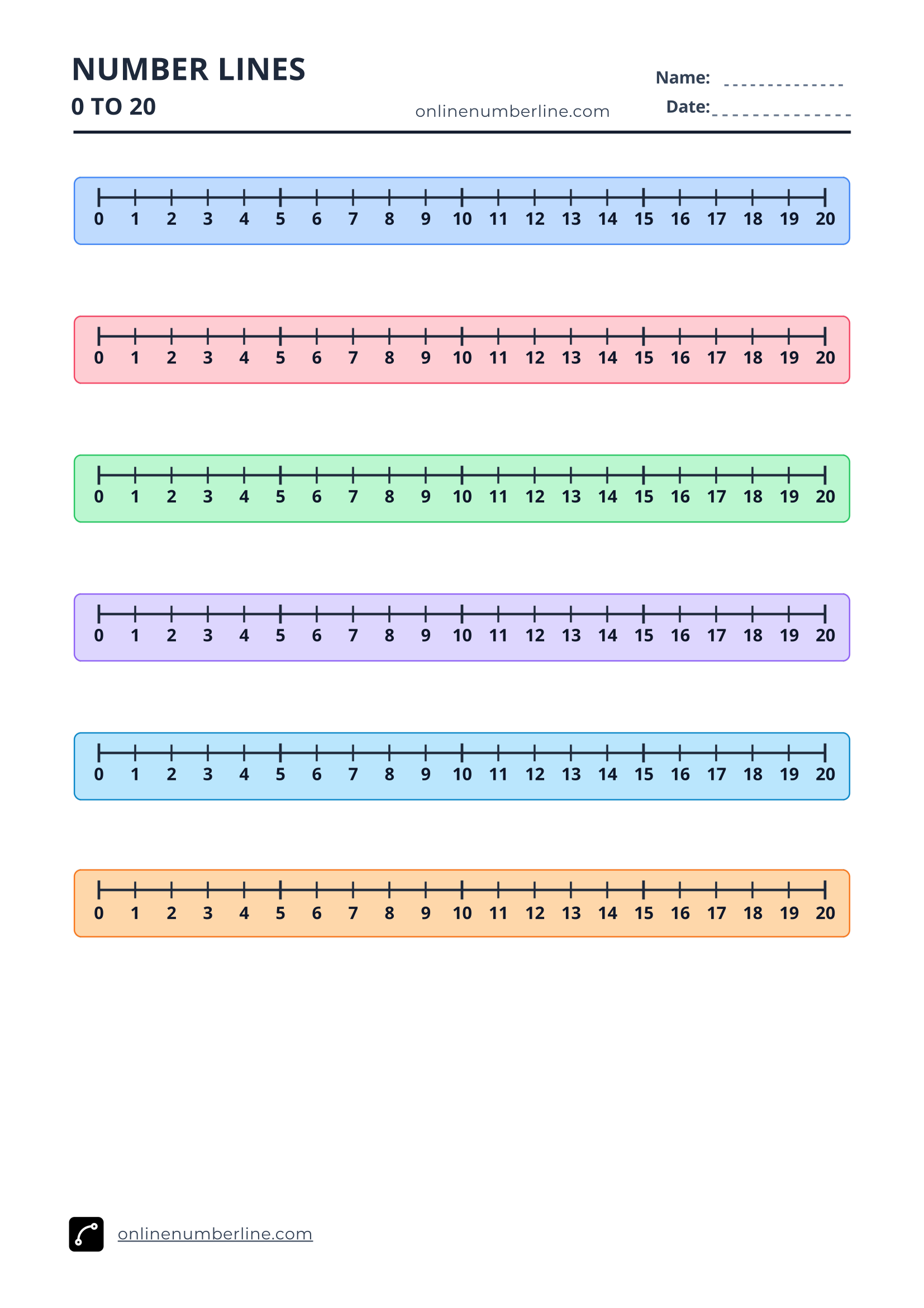 Free Printable Number Line 0 to 20 PDF (Portrait) - Printable Number Line 0 to 20 - Numbers Under Line (Colourful)