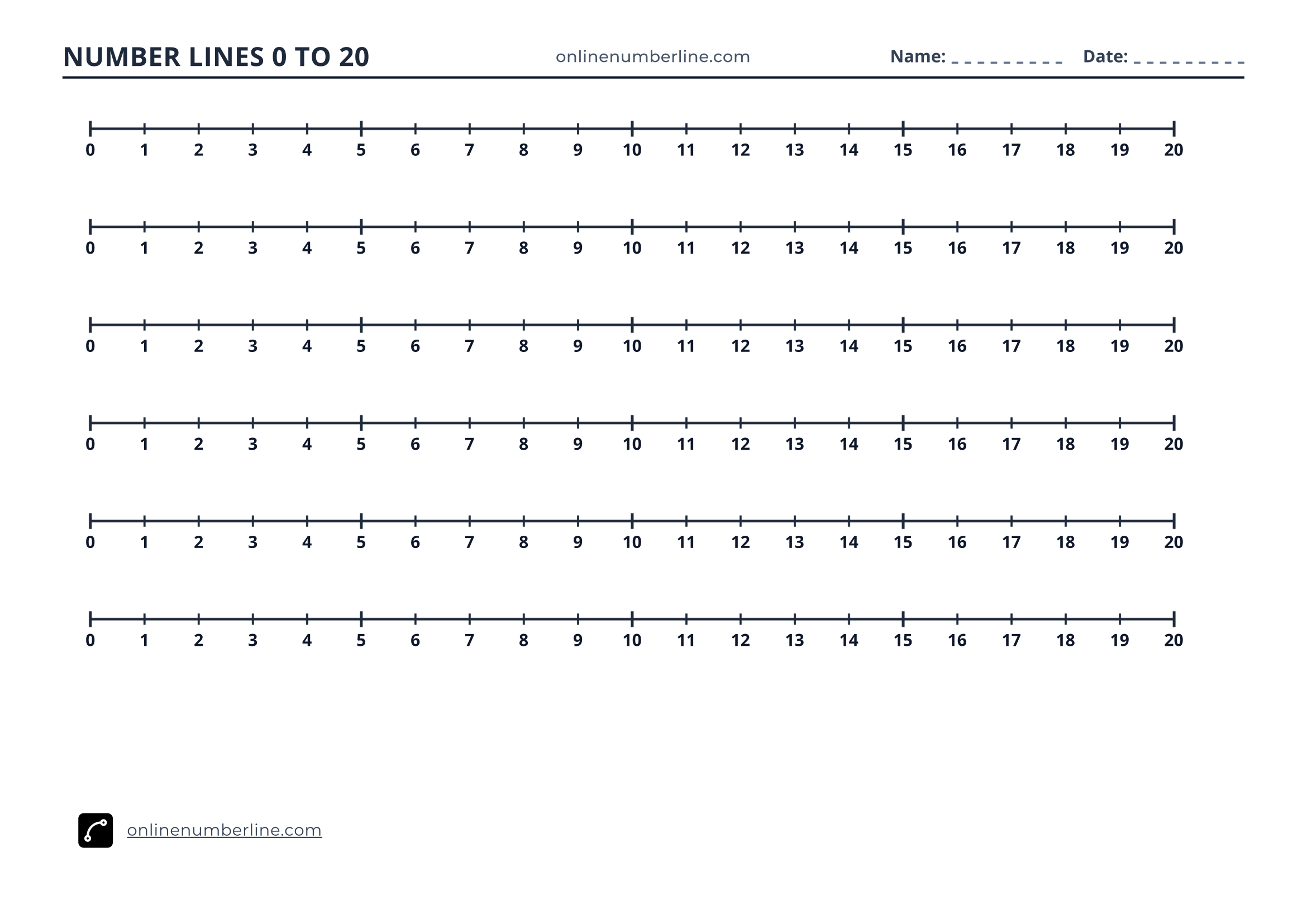 Free Printable Number Line 0 to 20 PDF (Landscape) - Printable Number Line 0 to 20 - Numbers Under Line (Black & White)