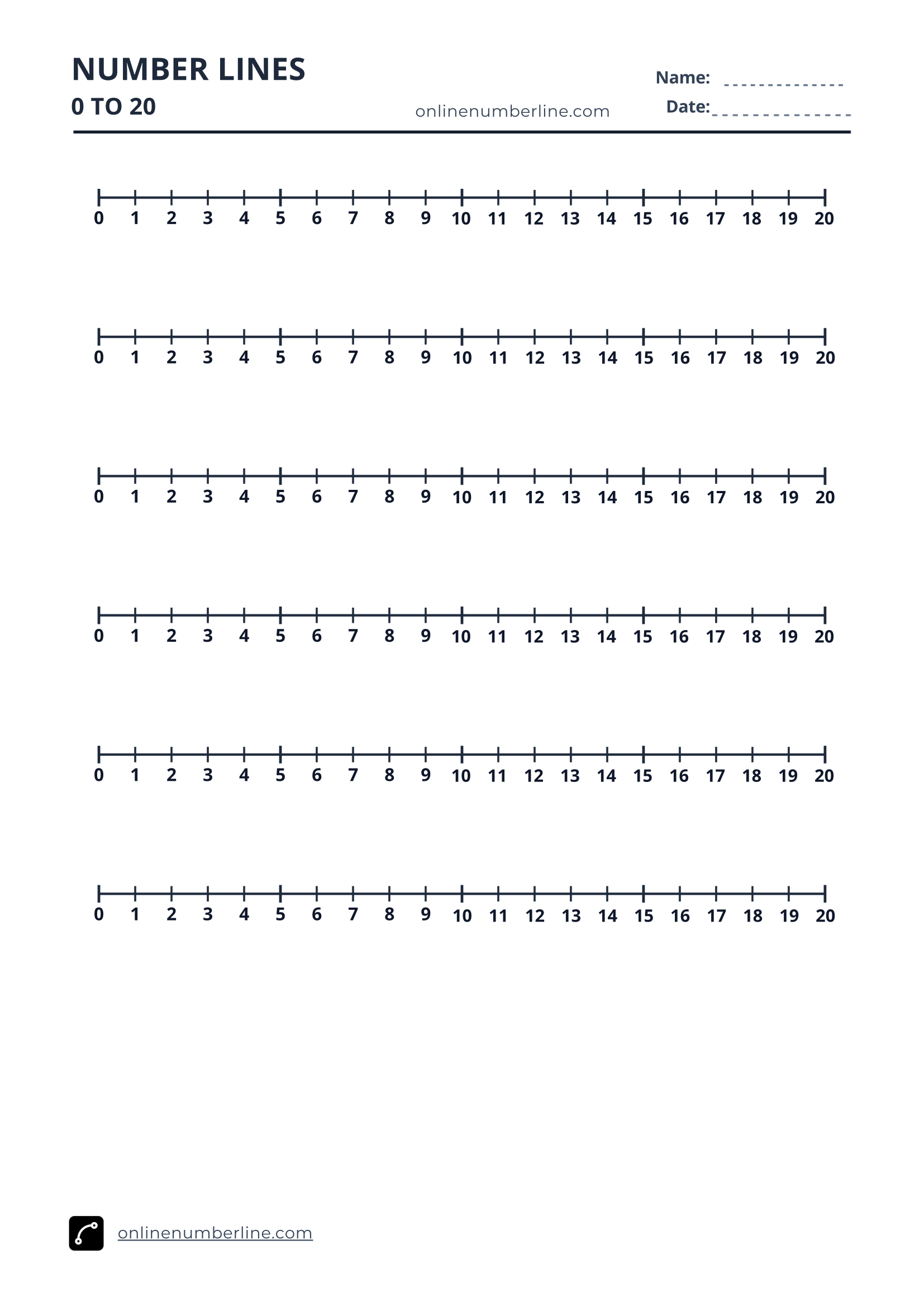 Free Printable Number Line 0 to 20 PDF (Portrait) - Printable Number Line 0 to 20 - Numbers Under Line (Black & White)